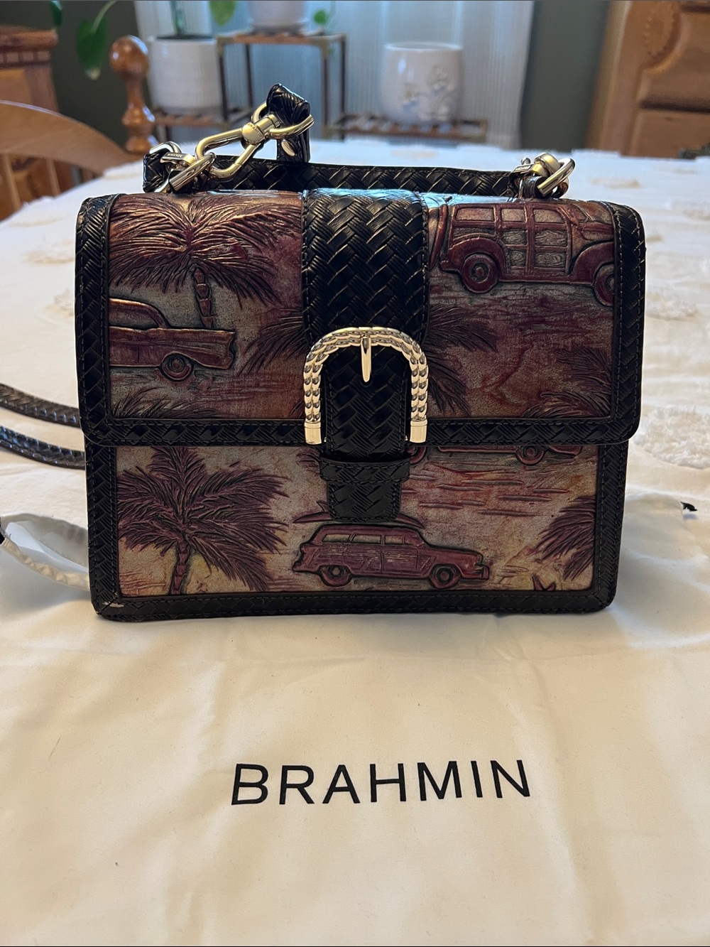 Brahmin Wine and Black Embossed Convertible Crossbody